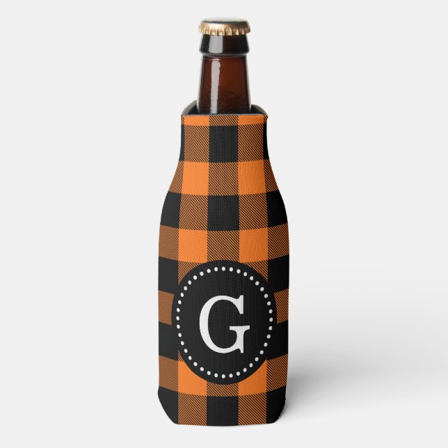 Pumpkin Orange Blk Buffalo Check Plaid 1I Monogram Bottle Cooler (Bottle Front)