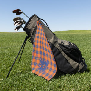 Pumpkin Orange Blue Tartan Plaid Monogrammed Golf Towel