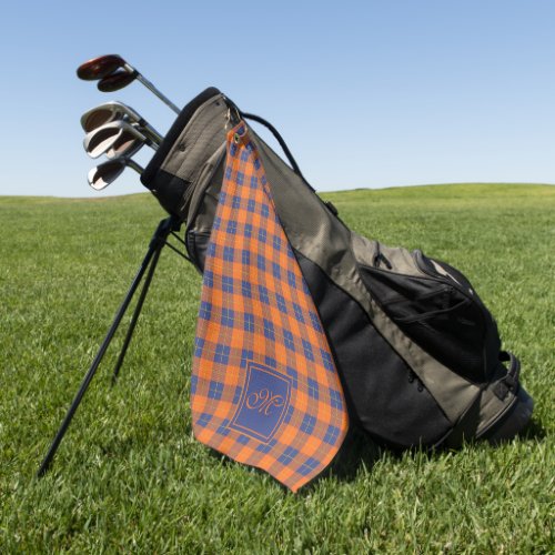 Pumpkin Orange Blue Tartan Plaid Monogrammed Golf Towel