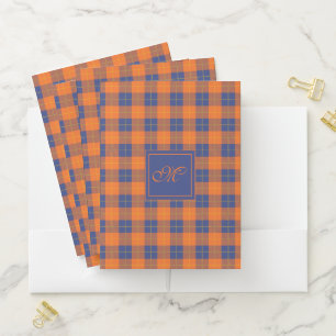 Pumpkin Orange Blue Tartan Plaid Monogrammed Pocket Folder
