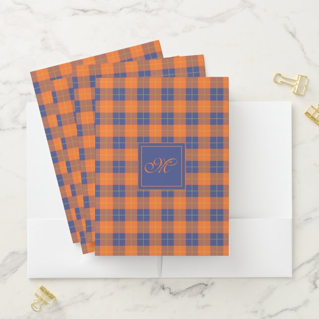 Pumpkin Orange Blue Tartan Plaid Monogrammed Pocket Folder (In Situ)