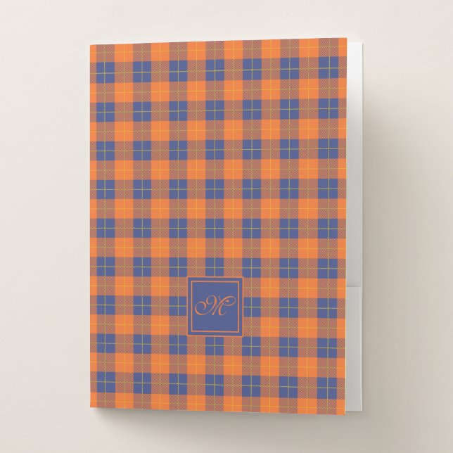 Pumpkin Orange Blue Tartan Plaid Monogrammed Pocket Folder (Front)
