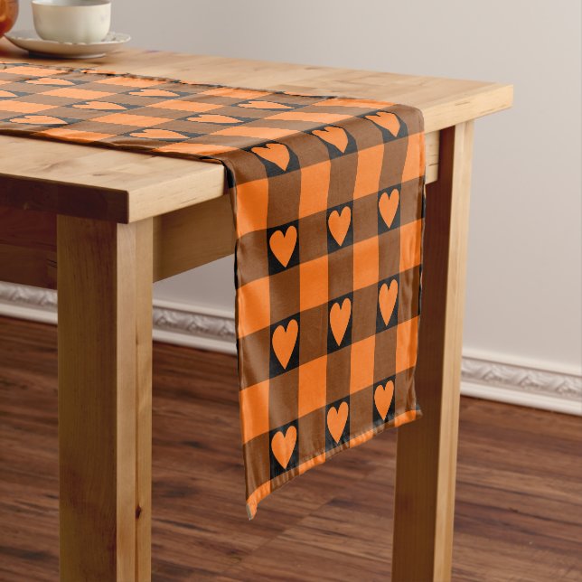 Pumpkin Orange Buffalo Heart Plaid Table Runner (In Situ)