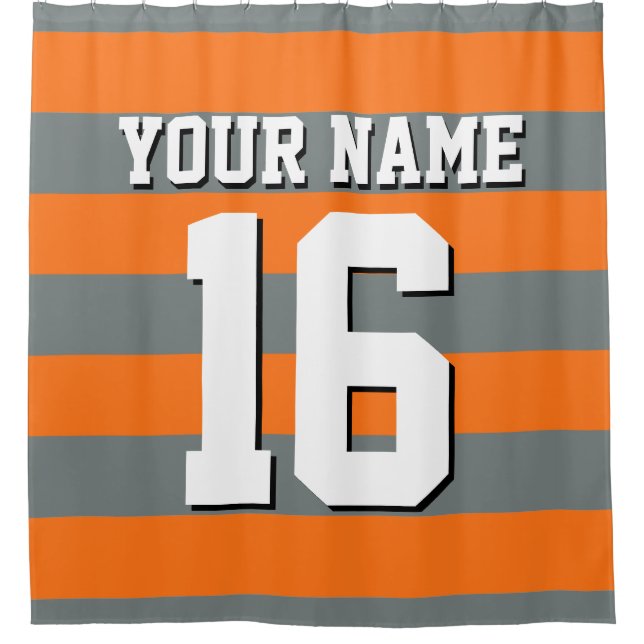 Pumpkin Orange Charcoal Sports Jersey Stripe Shower Curtain (Front)
