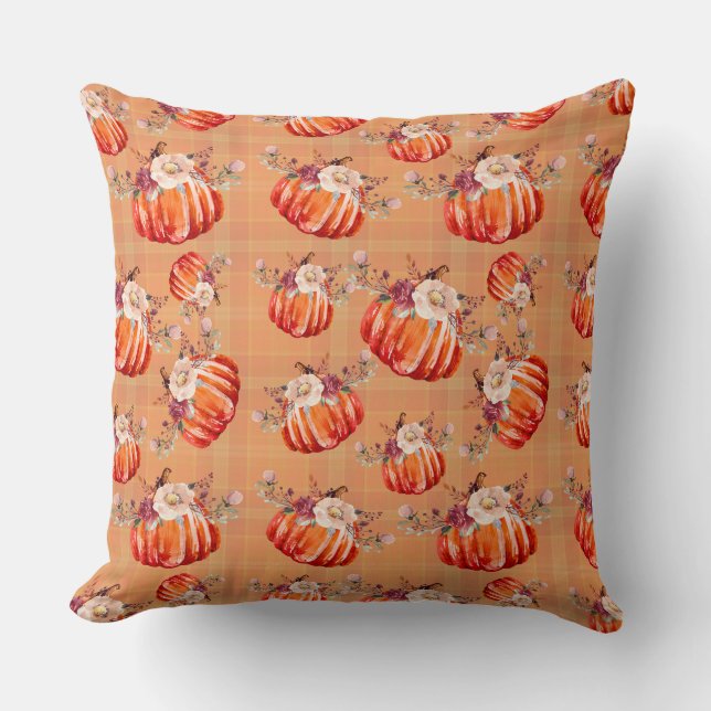 Pumpkin orange fall floral buffalo check autumn throw pillow (Front)