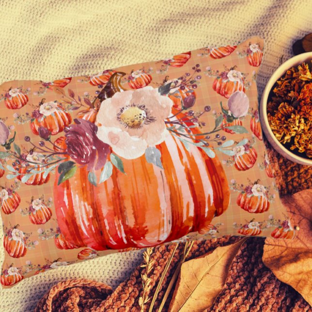 Pumpkin orange fall floral plaid check autumn accent pillow (Creator Uploaded)