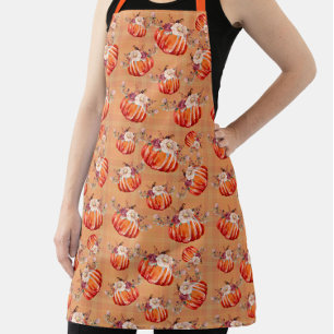 Pumpkin orange fall floral plaid check autumn apron