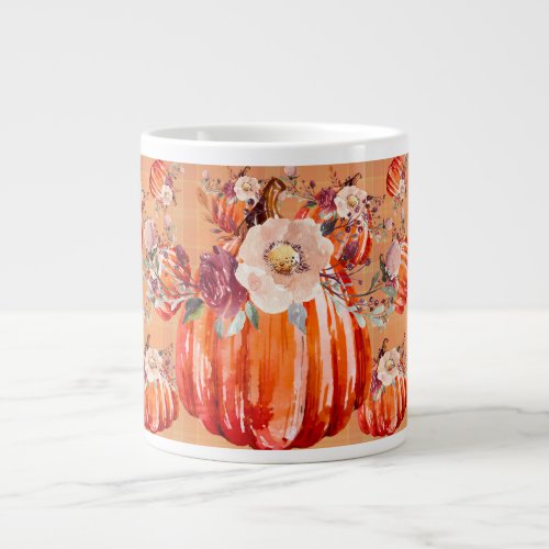 Pumpkin orange fall floral plaid check autumn giant coffee mug