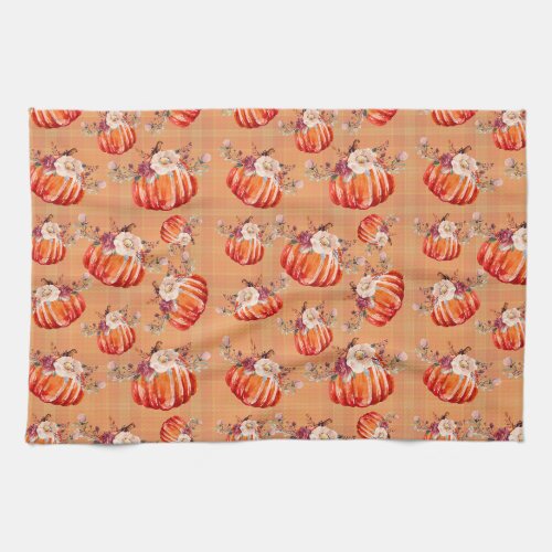 Pumpkin orange fall floral plaid check autumn kitchen towel