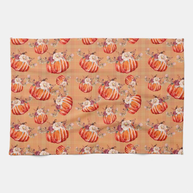 Pumpkin orange fall floral plaid check autumn kitchen towel (Horizontal)