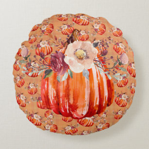 Pumpkin orange fall floral plaid check autumn round pillow