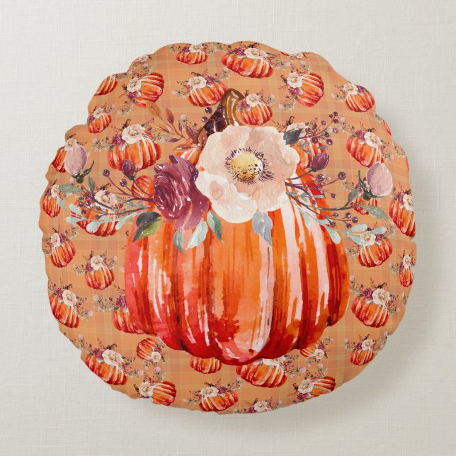 Pumpkin orange fall floral plaid check autumn round pillow (Front)