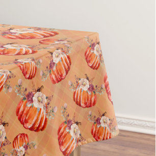 Pumpkin orange fall floral plaid check autumn tablecloth