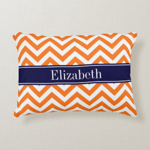Pumpkin Orange Lg Chevron Navy Name Monogram Accent Pillow