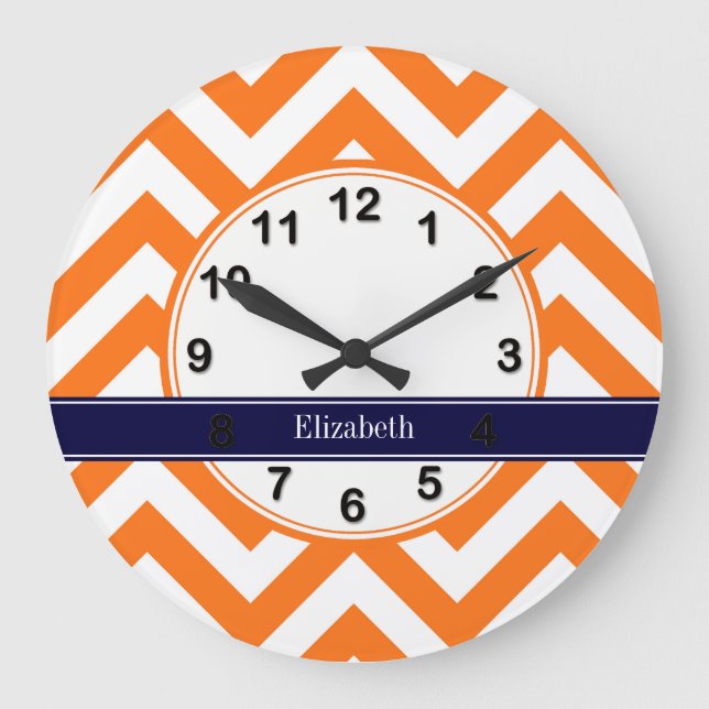 Pumpkin Orange Lg Chevron Navy Name Monogram Large Clock (Front)