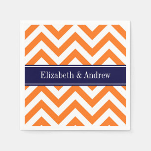 Pumpkin Orange Lg Chevron Navy Name Monogram Paper Napkins
