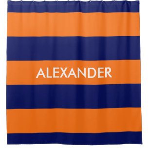 Pumpkin Orange Navy Blue Bold H Stripe #3 Monogram Shower Curtain