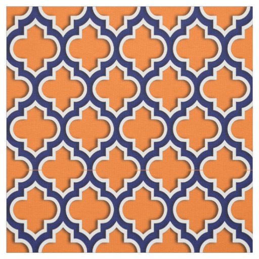 Pumpkin Orange, Navy Blue Moroccan Quatrefoil #5DS Fabric