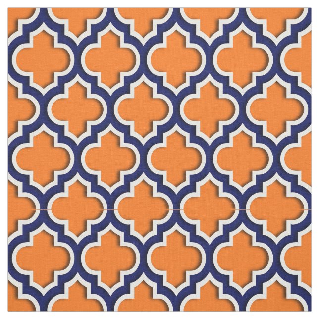 Pumpkin Orange, Navy Blue Moroccan Quatrefoil #5DS Fabric (Swatch)