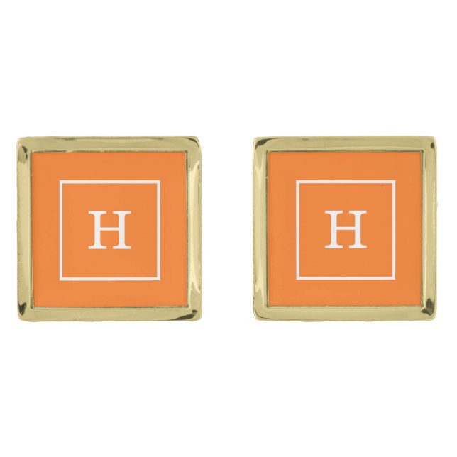 Pumpkin Orange White Framed Initial Monogram Cufflinks (Front)