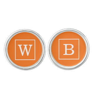 Pumpkin Orange White Framed Initial Monogram Cufflinks