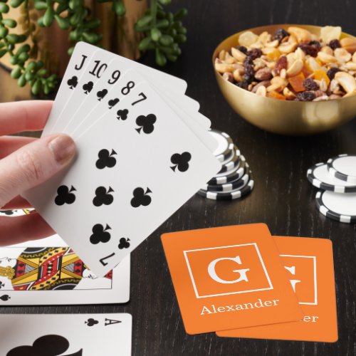 Pumpkin Orange White Framed Initial Monogram Poker Cards