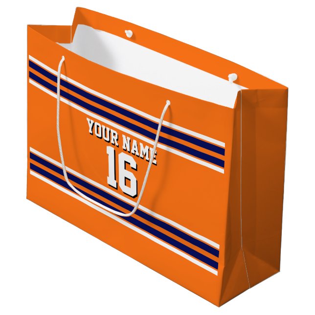 Pumpkin Orange with Navy White Stripes Team Jersey Large Gift Bag (Front Angled)