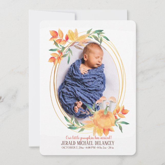 Pumpkin Oval Photo Birth Announcement (Front)