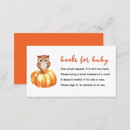 Pumpkin  Owl Books for Baby Shower Enclosure Card