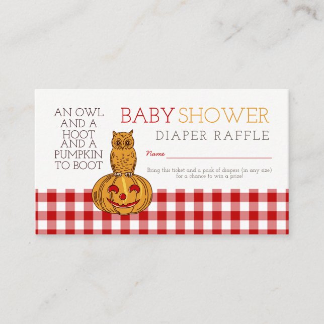 Pumpkin Owl & Gingham Baby Diaper Raffle Ticket Enclosure Card (Front)