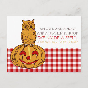 Pumpkin Owl & Gingham Baby Girl Announcement