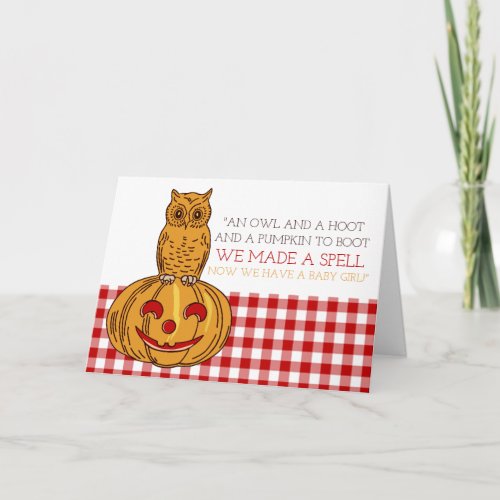 Pumpkin Owl  Gingham Baby Girl Announcement