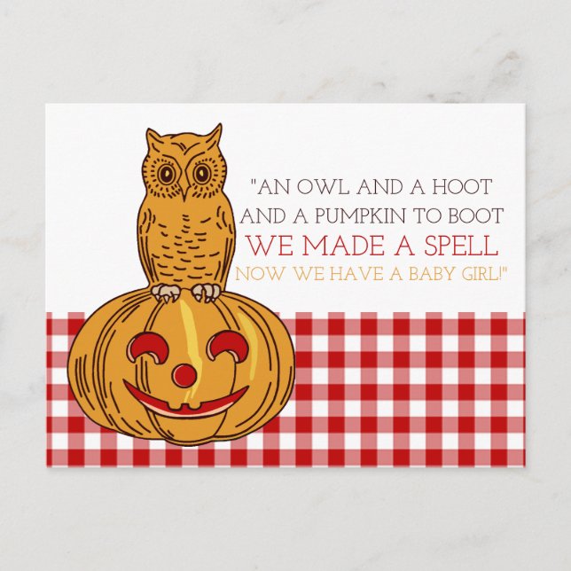 Pumpkin Owl & Gingham Baby Girl Announcement Postcard (Front)