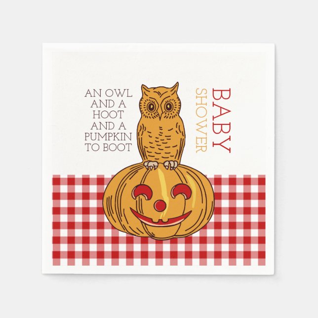Pumpkin Owl & Gingham Baby Shower Paper Napkins (Front)