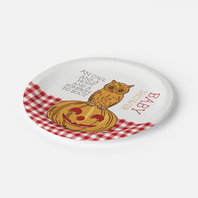Pumpkin Owl & Gingham Baby Shower Paper Plates (Angled)