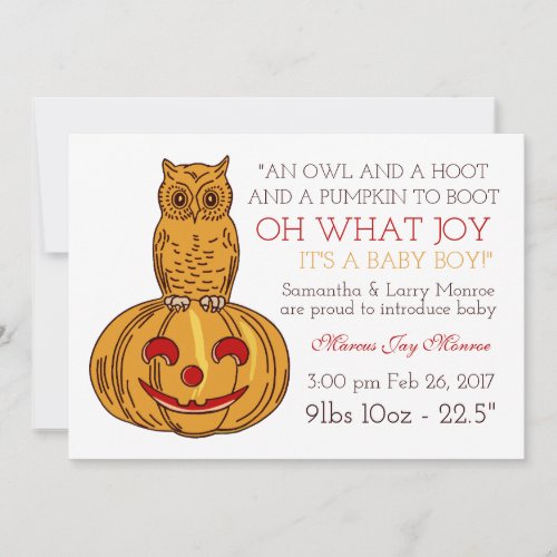 Pumpkin Owl  Gingham Its a Baby Boy Announcement