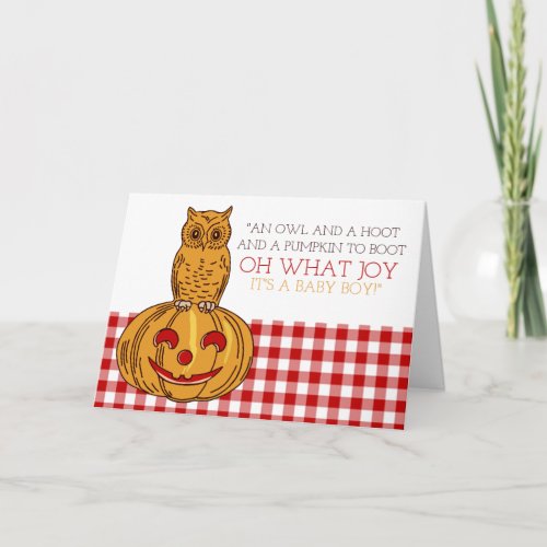 Pumpkin Owl  Gingham Its a Baby Boy Announcement