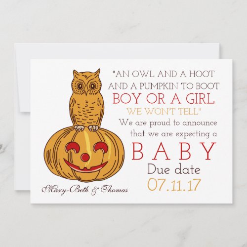 Pumpkin Owl  Gingham New Baby Announcement