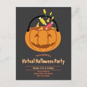Pumpkin Pail Candy Gray Virtual Halloween Party Invitation Postcard