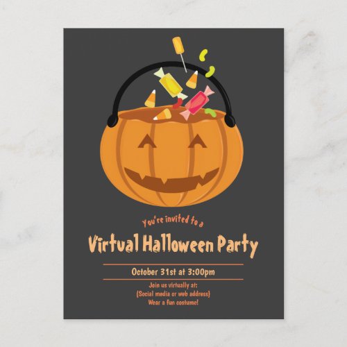 Pumpkin Pail Candy Gray Virtual Halloween Party Invitation Postcard