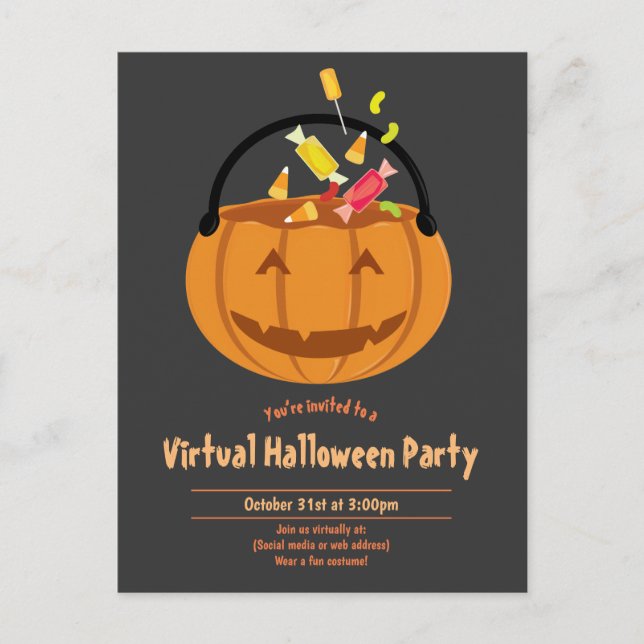 Pumpkin Pail Candy Gray Virtual Halloween Party Invitation Postcard (Front)