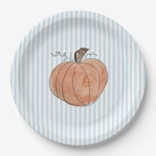 Pumpkin Painting Autumn Blue Stripe Paper Plates