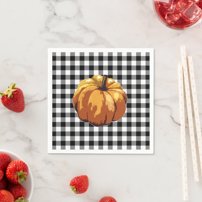 Pumpkin Painting Black Check Gingham Pattern Napkins (Insitu)