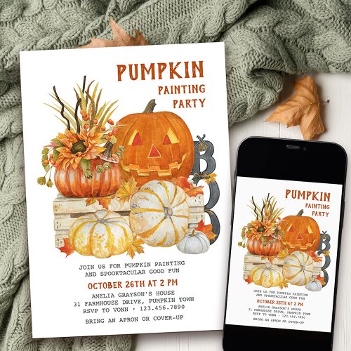 Pumpkin Painting Rustic Farmhouse Halloween Party Invitation