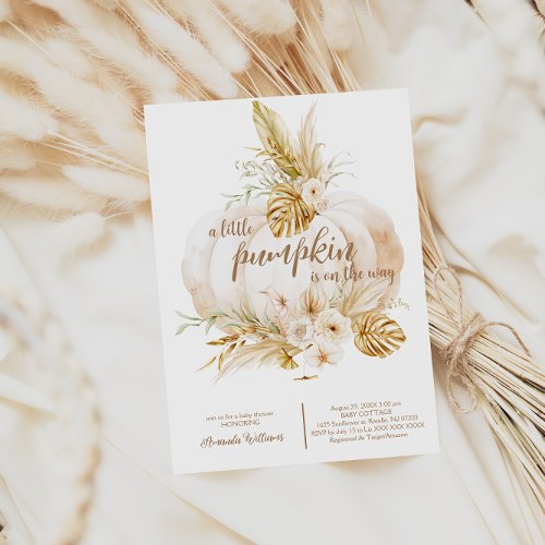 Pumpkin Pampas Floral Girl Baby shower Gold Ivory Invitation