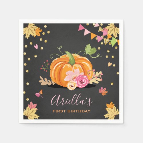 Pumpkin Paper Napkin Fall Birthday Girl Pink Gold