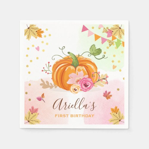 Pumpkin Paper Napkin Fall Birthday Girl Pink Gold