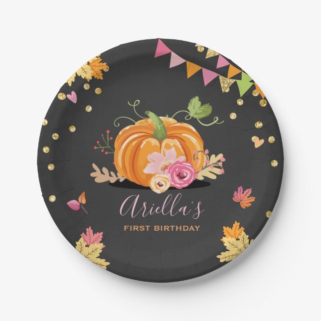 Pumpkin Paper Plates Pink Gold Birthday Autumn (Front)