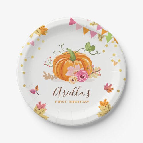 Pumpkin Paper Plates Pink Gold Birthday Autumn