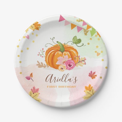 Pumpkin Paper Plates Pink Gold Birthday Autumn